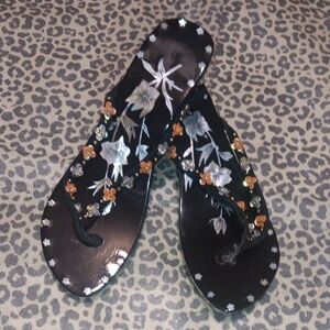 Floral Embellished Black Sandals Hand Made All Wood